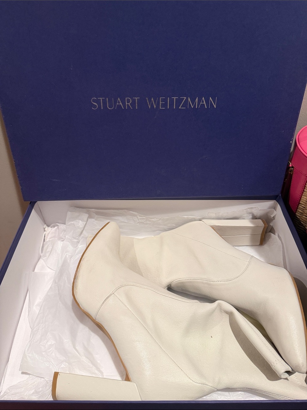 Stuart Weitzman Cream Leather Block Heel Ankle Boots